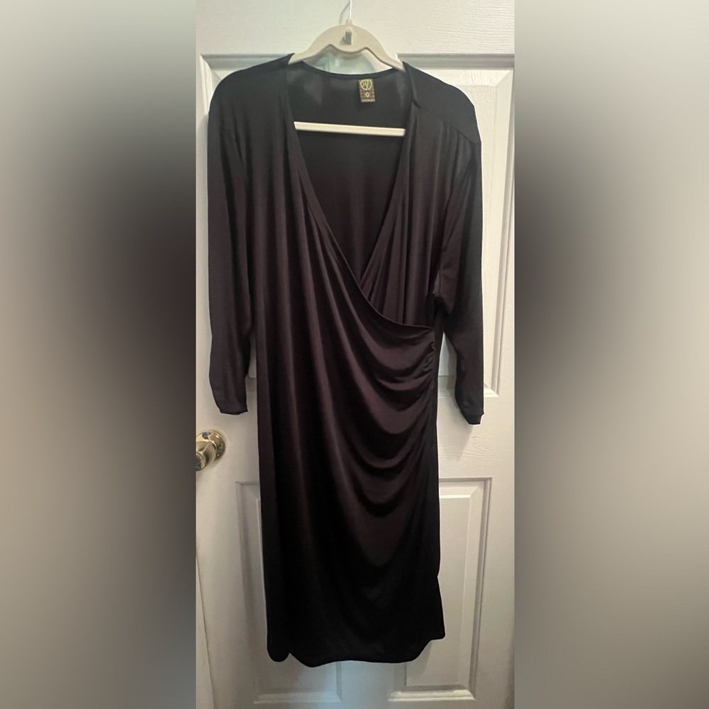 24/7 Comfort Apparel Black Ruched Wrap Dress